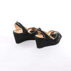 HERMES Leather & Suede Wedge Sole Sandals in Black, Size 37 EU