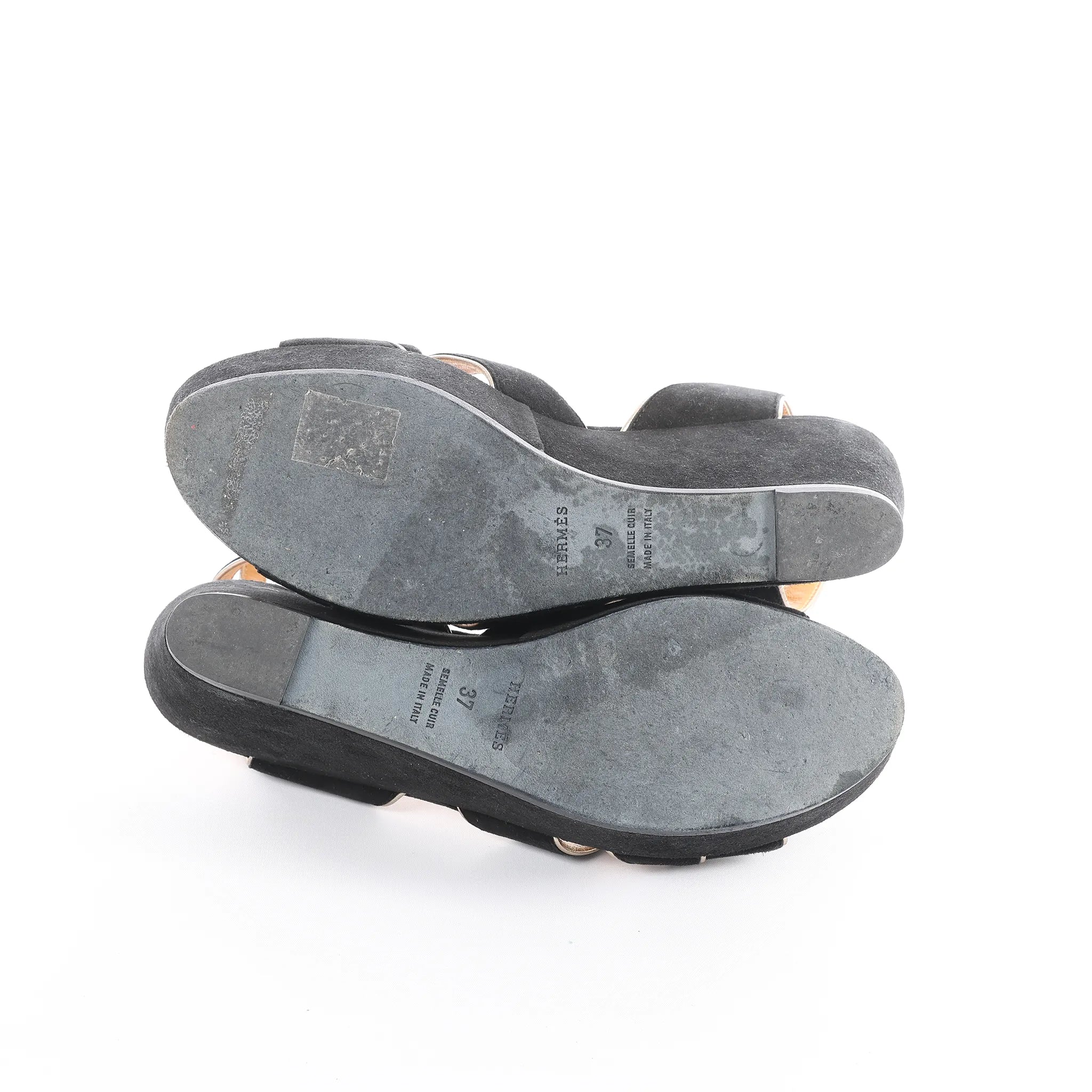 HERMES Leather & Suede Wedge Sole Sandals in Black, Size 37 EU