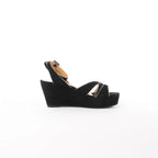 HERMES Leather & Suede Wedge Sole Sandals in Black, Size 37 EU