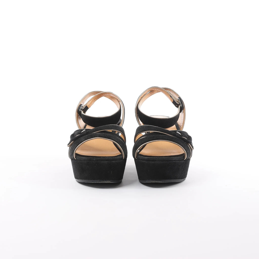 HERMES Leather & Suede Wedge Sole Sandals in Black, Size 37 EU