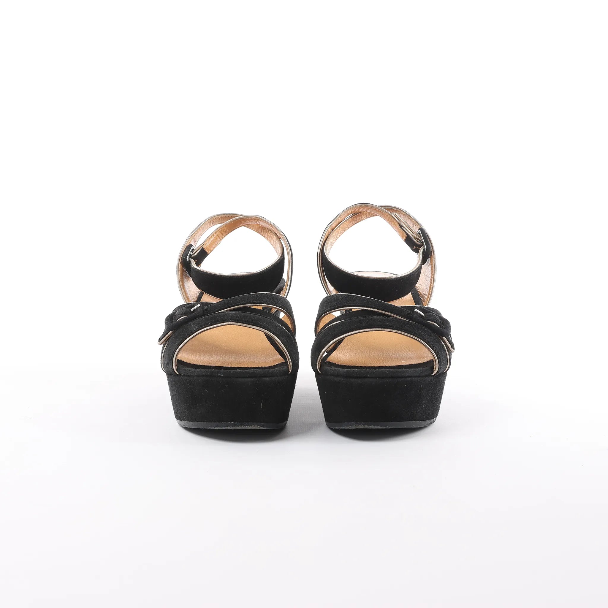 HERMES Leather & Suede Wedge Sole Sandals in Black, Size 37 EU