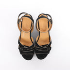 HERMES Leather & Suede Wedge Sole Sandals in Black, Size 37 EU