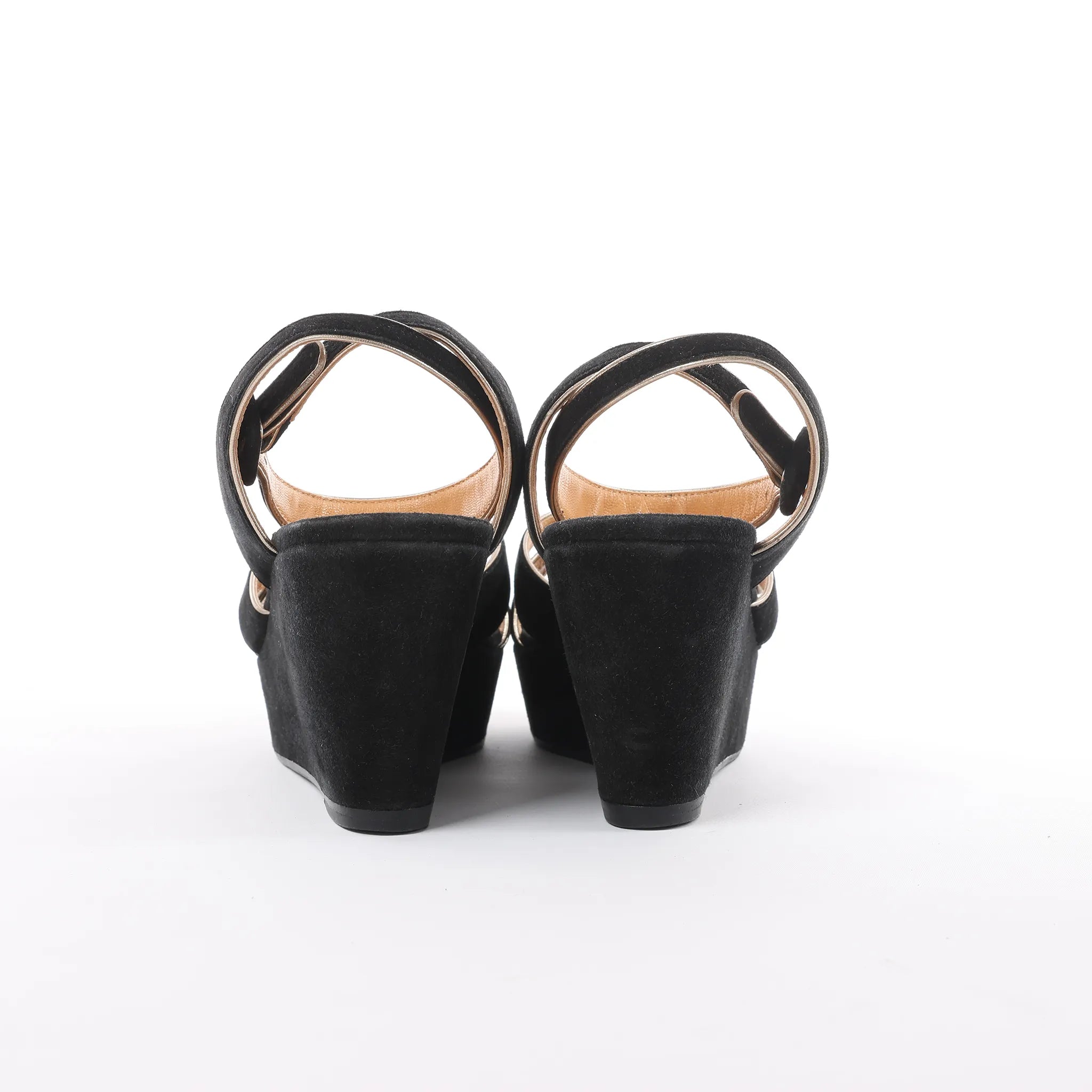 HERMES Leather & Suede Wedge Sole Sandals in Black, Size 37 EU