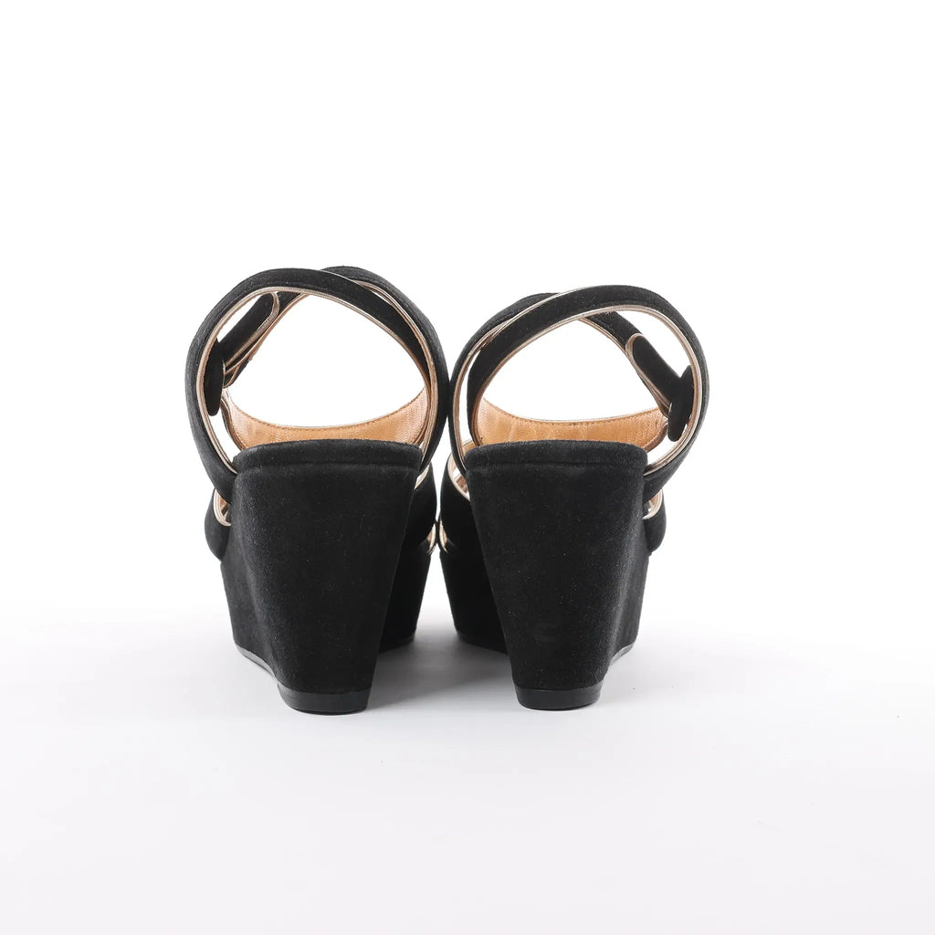 HERMES Leather & Suede Wedge Sole Sandals in Black, Size 37 EU