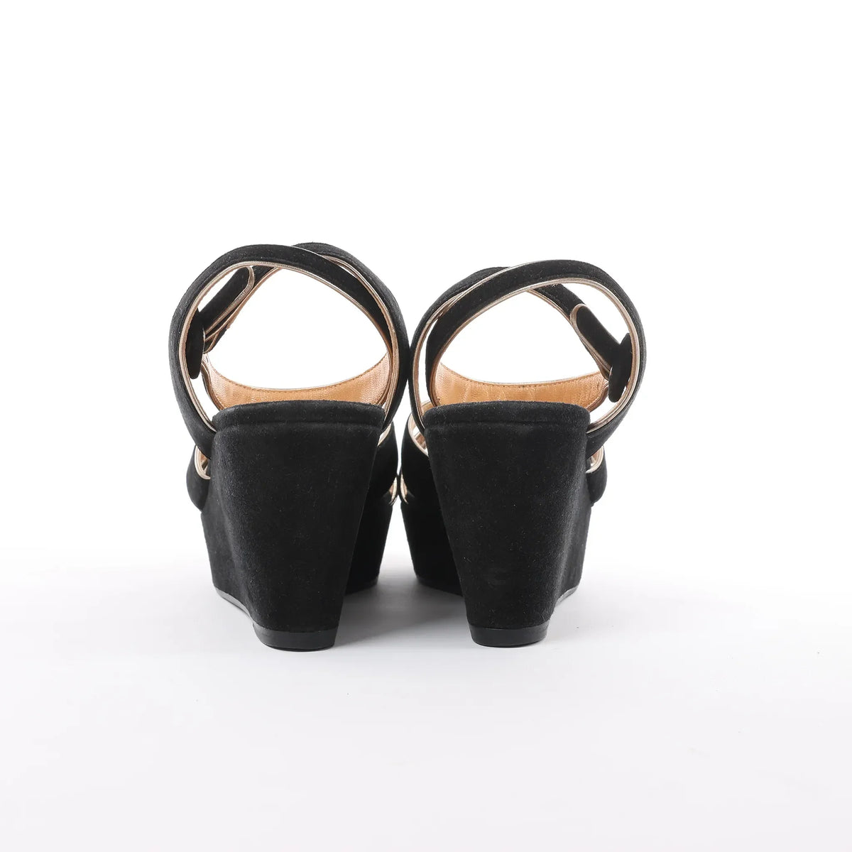 HERMES Leather & Suede Wedge Sole Sandals in Black, Size 37 EU