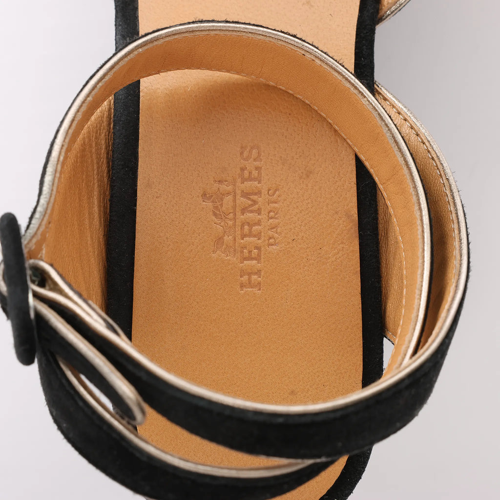 HERMES Leather & Suede Wedge Sole Sandals in Black, Size 37 EU