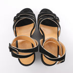 HERMES Leather & Suede Wedge Sole Sandals in Black, Size 37 EU