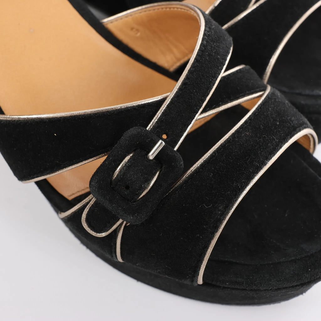 HERMES Leather & Suede Wedge Sole Sandals in Black, Size 37 EU