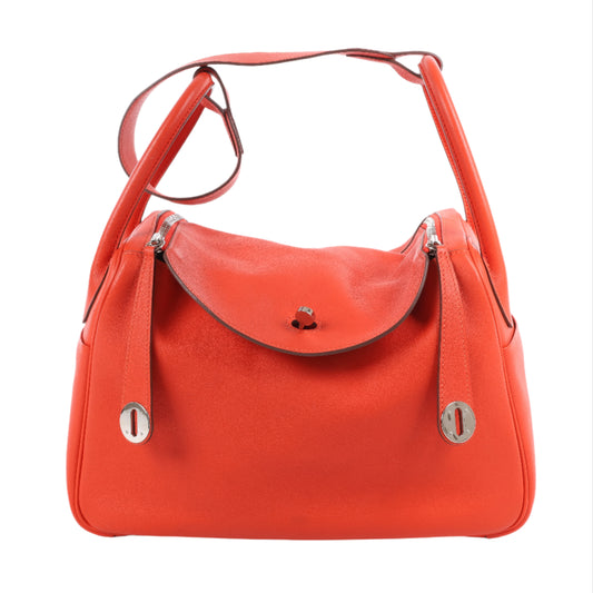 Sac à main Hermès Lindy 30 Veau Swift Rouge Tomate, garnitures en métal argenté, 2 voies, X : 2016