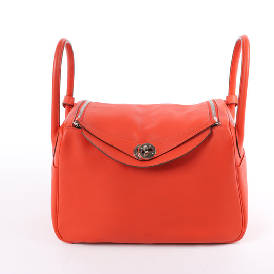 Sac à main Hermès Lindy 30 Veau Swift Rouge Tomate, garnitures en métal argenté, 2 voies, X : 2016