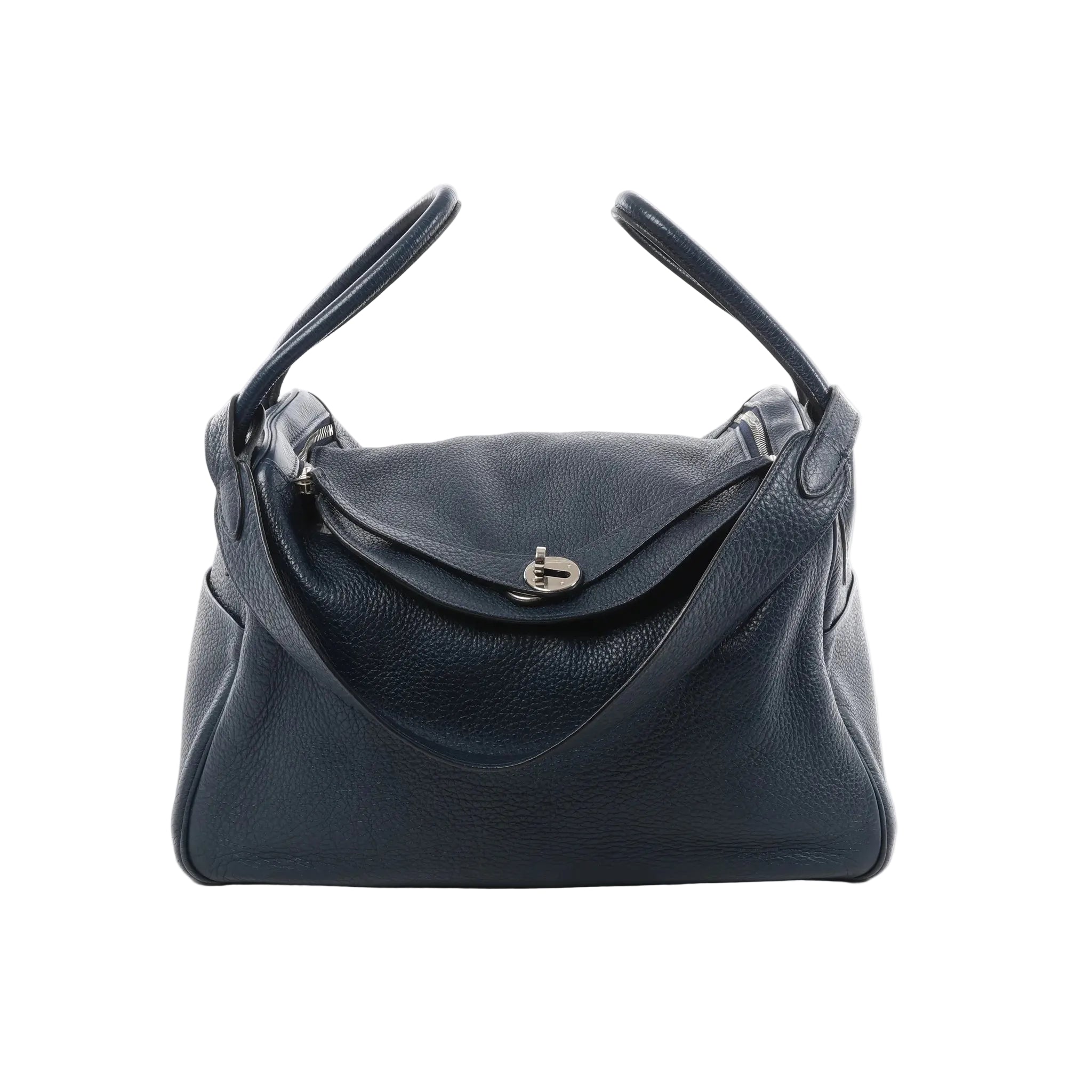 Hermès Lindy 34 handbag in navy grained leather with two top handles, front flap with turn-lock closure, and silver-tone hardware.