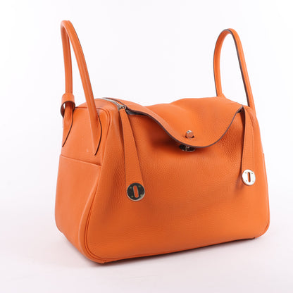Sac à main Hermès Lindy 34 Taurillon Clémence Orange, garnitures en métal argenté □P:2012
