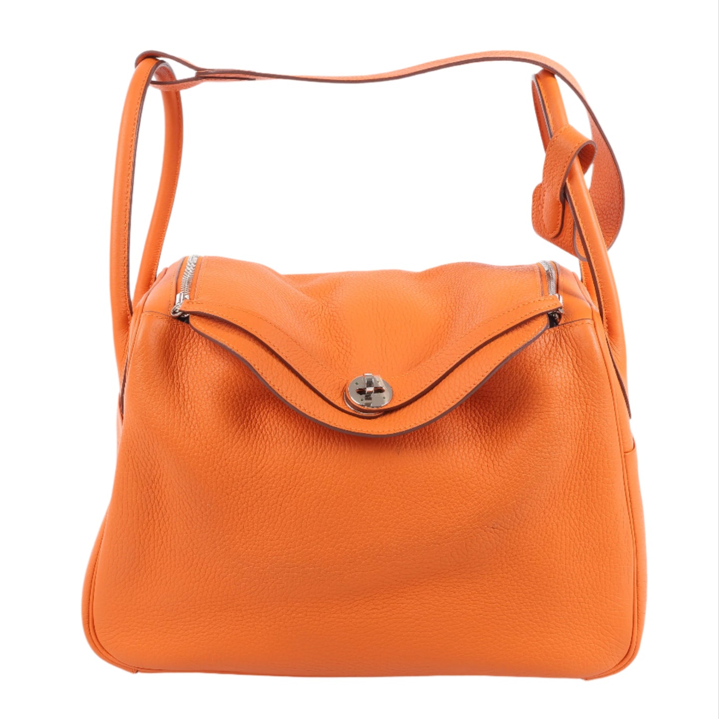 Sac à main Hermès Lindy 34 Taurillon Clémence Orange, garnitures en métal argenté □P:2012