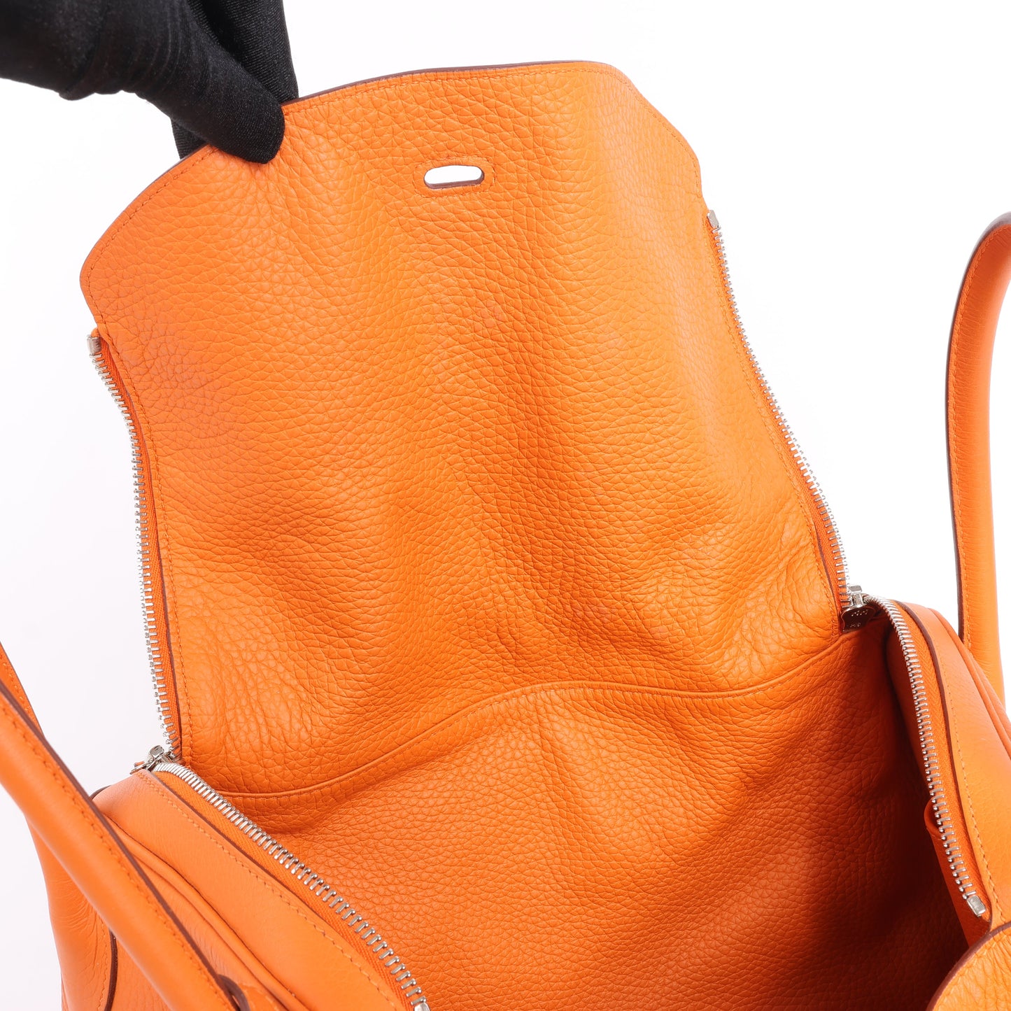 Sac à main Hermès Lindy 34 Taurillon Clémence Orange, garnitures en métal argenté □P:2012