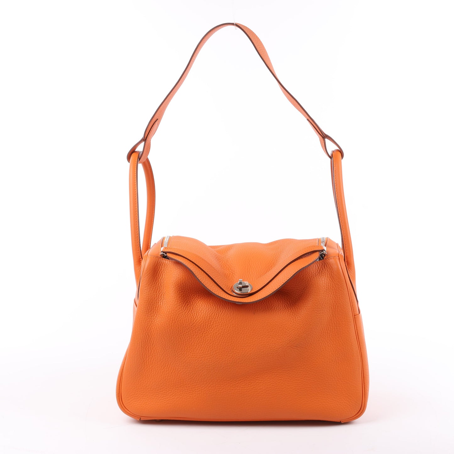 Sac à main Hermès Lindy 34 Taurillon Clémence Orange, garnitures en métal argenté □P:2012
