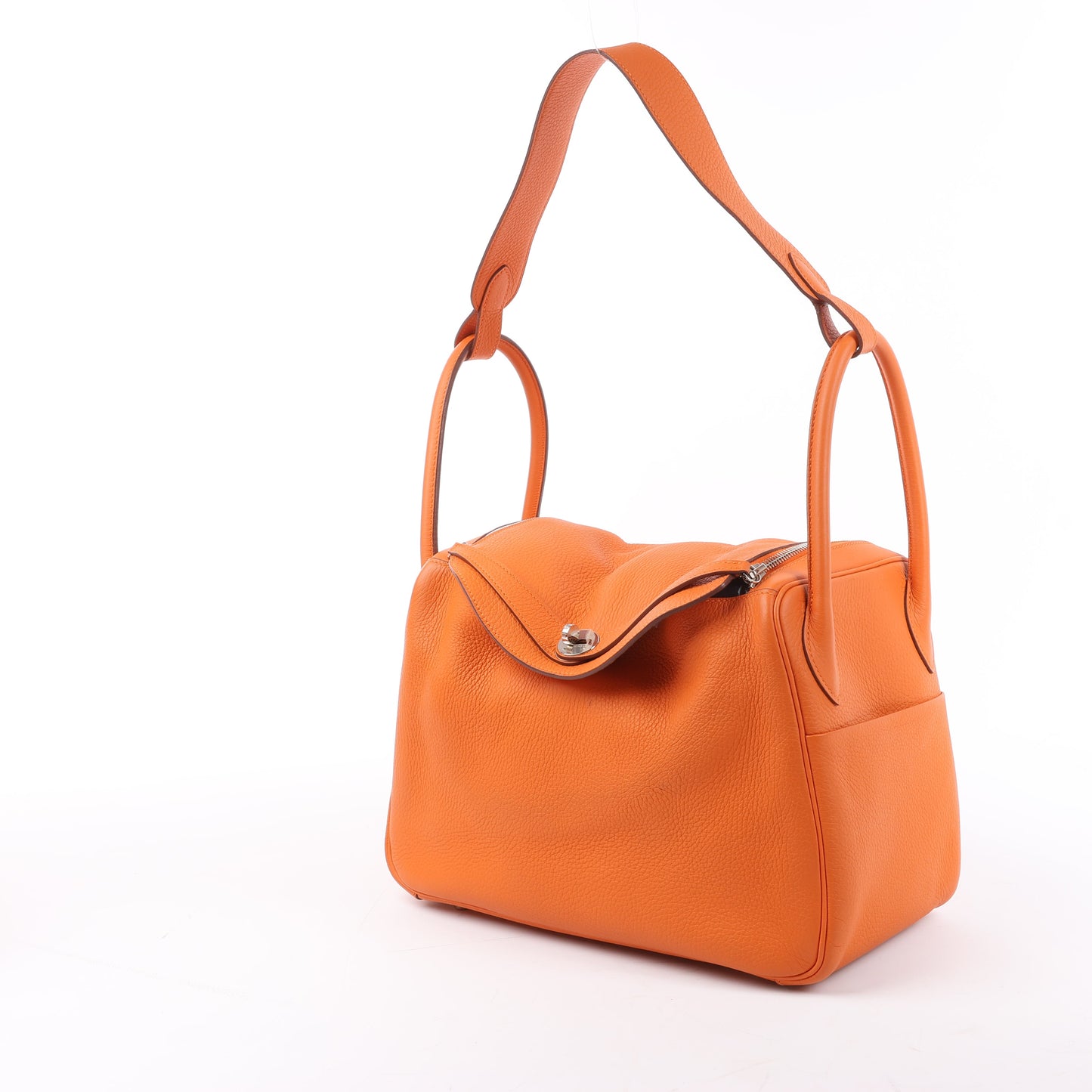 Sac à main Hermès Lindy 34 Taurillon Clémence Orange, garnitures en métal argenté □P:2012