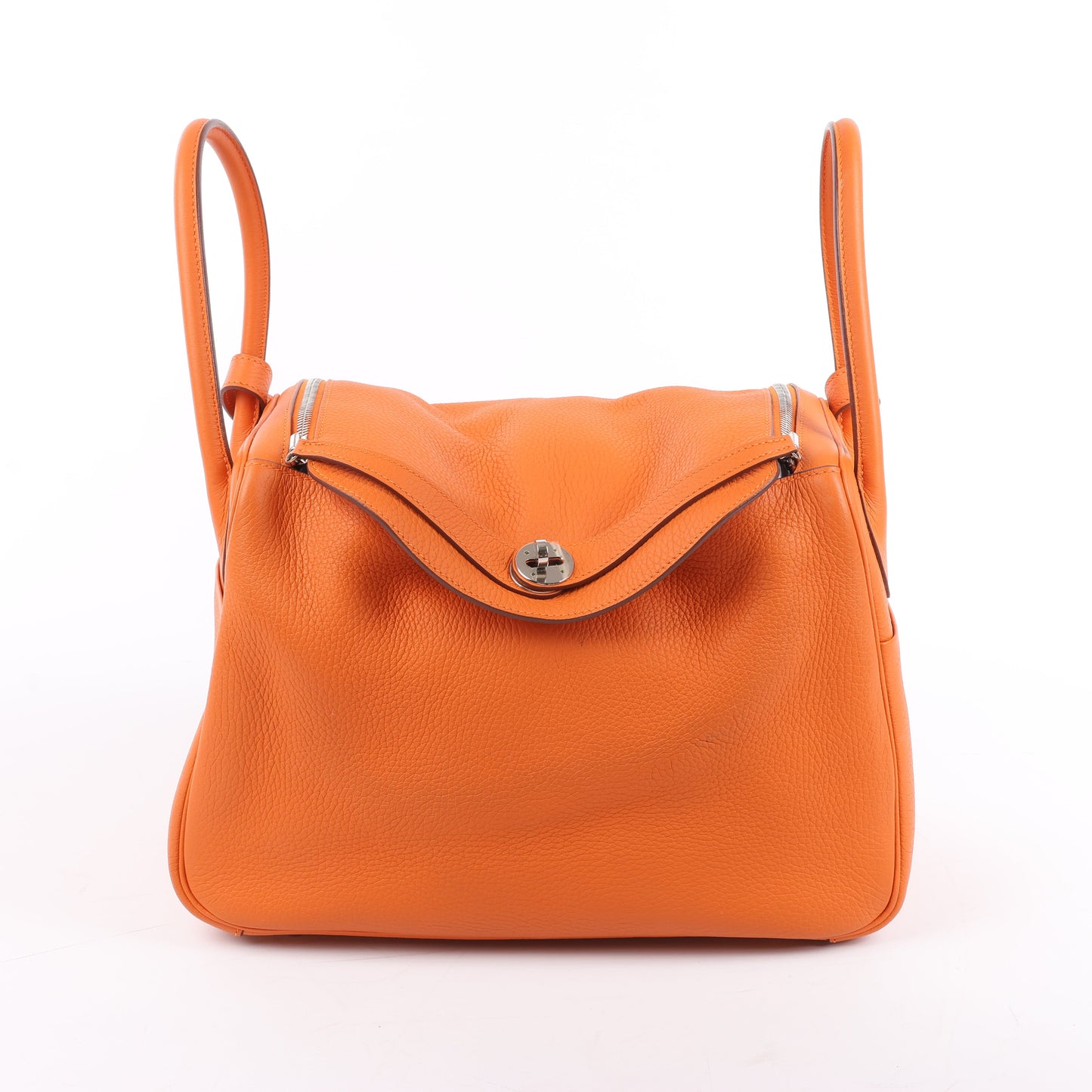 Sac à main Hermès Lindy 34 Taurillon Clémence Orange, garnitures en métal argenté □P:2012