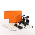 HERMES Manege Kelly Leather Sandals in Black x Silver, Size 37 EU