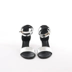 HERMES Manege Kelly Leather Sandals in Black x Silver, Size 37 EU