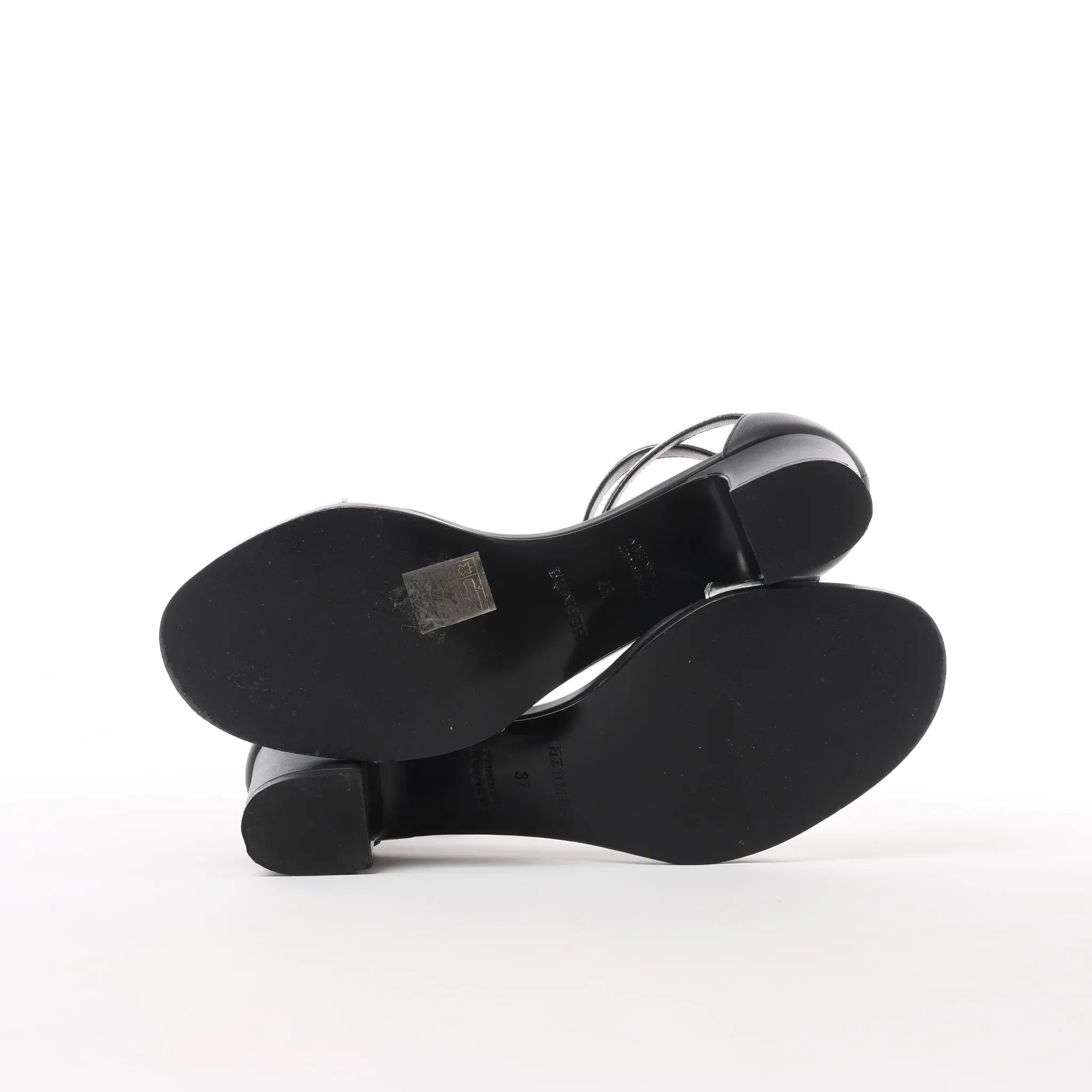 HERMES Manege Kelly Leather Sandals in Black x Silver, Size 37 EU