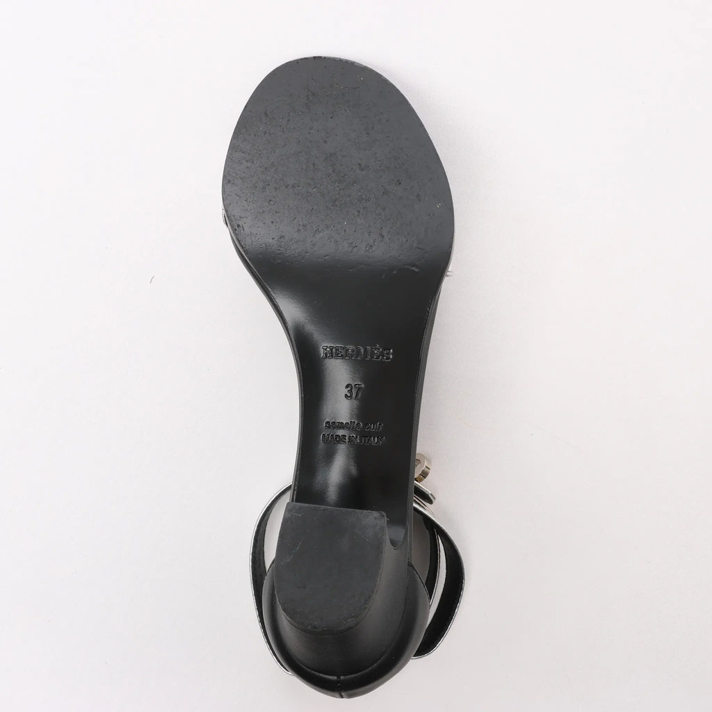 HERMES Manege Kelly Leather Sandals in Black x Silver, Size 37 EU