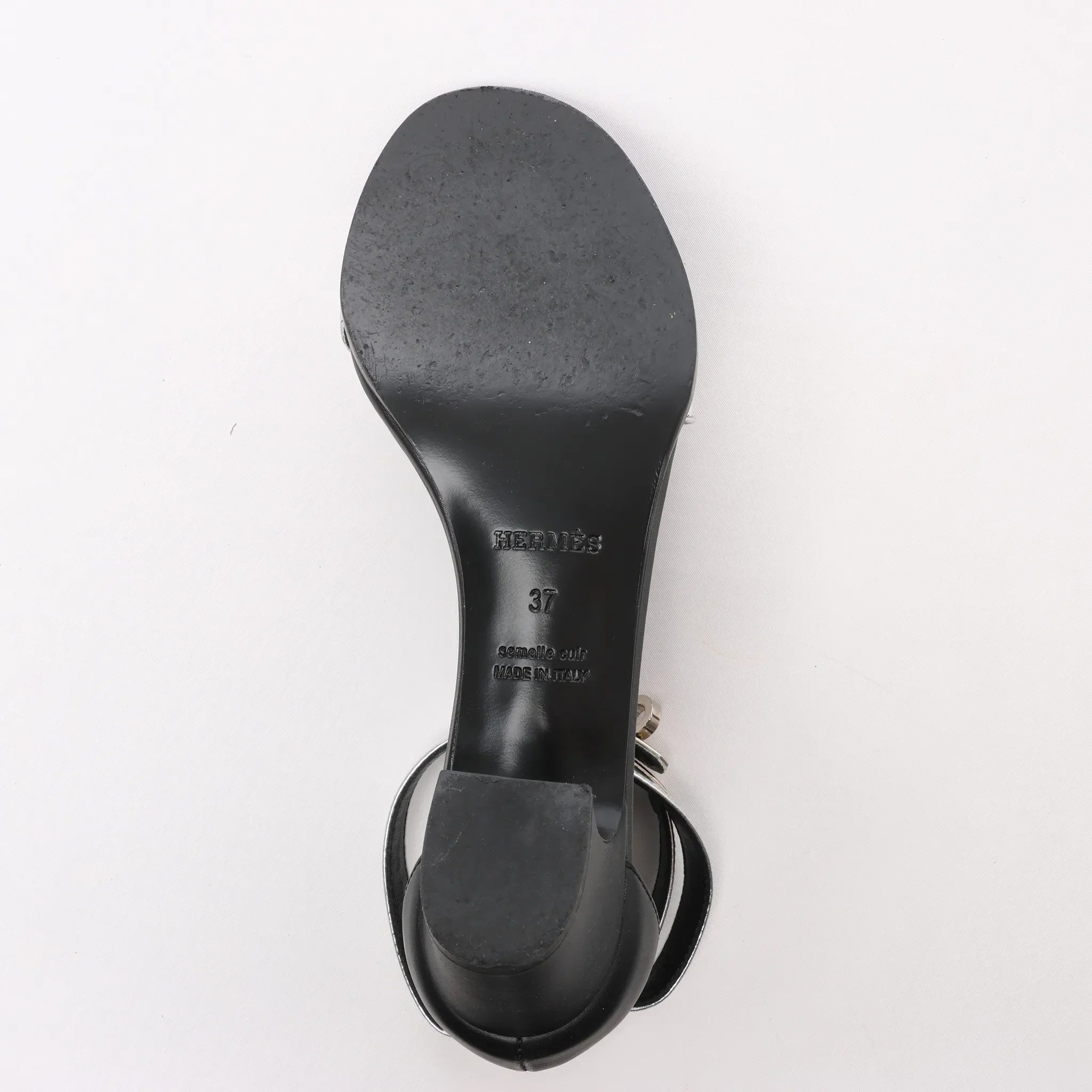 HERMES Manege Kelly Leather Sandals in Black x Silver, Size 37 EU