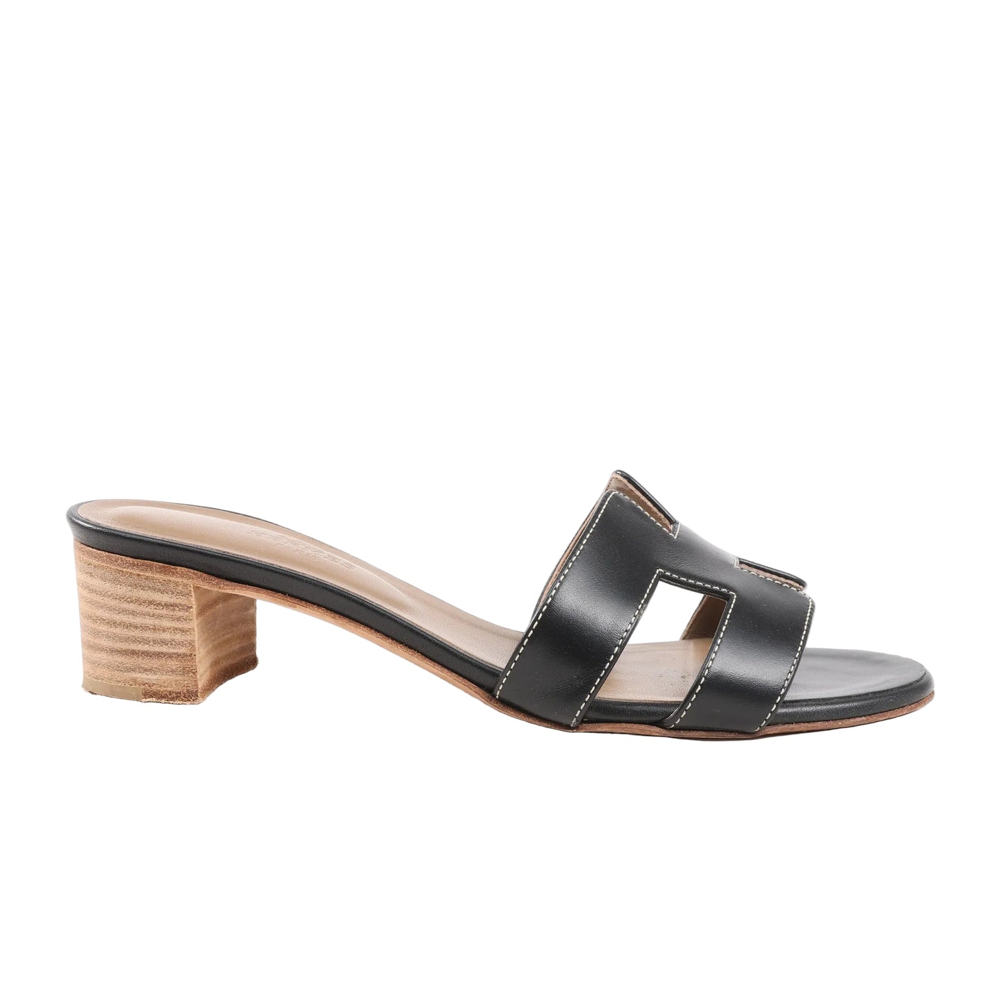 Hermès Oasis black leather sandals with H cut-out design and stacked heel, size 36.5 EU.