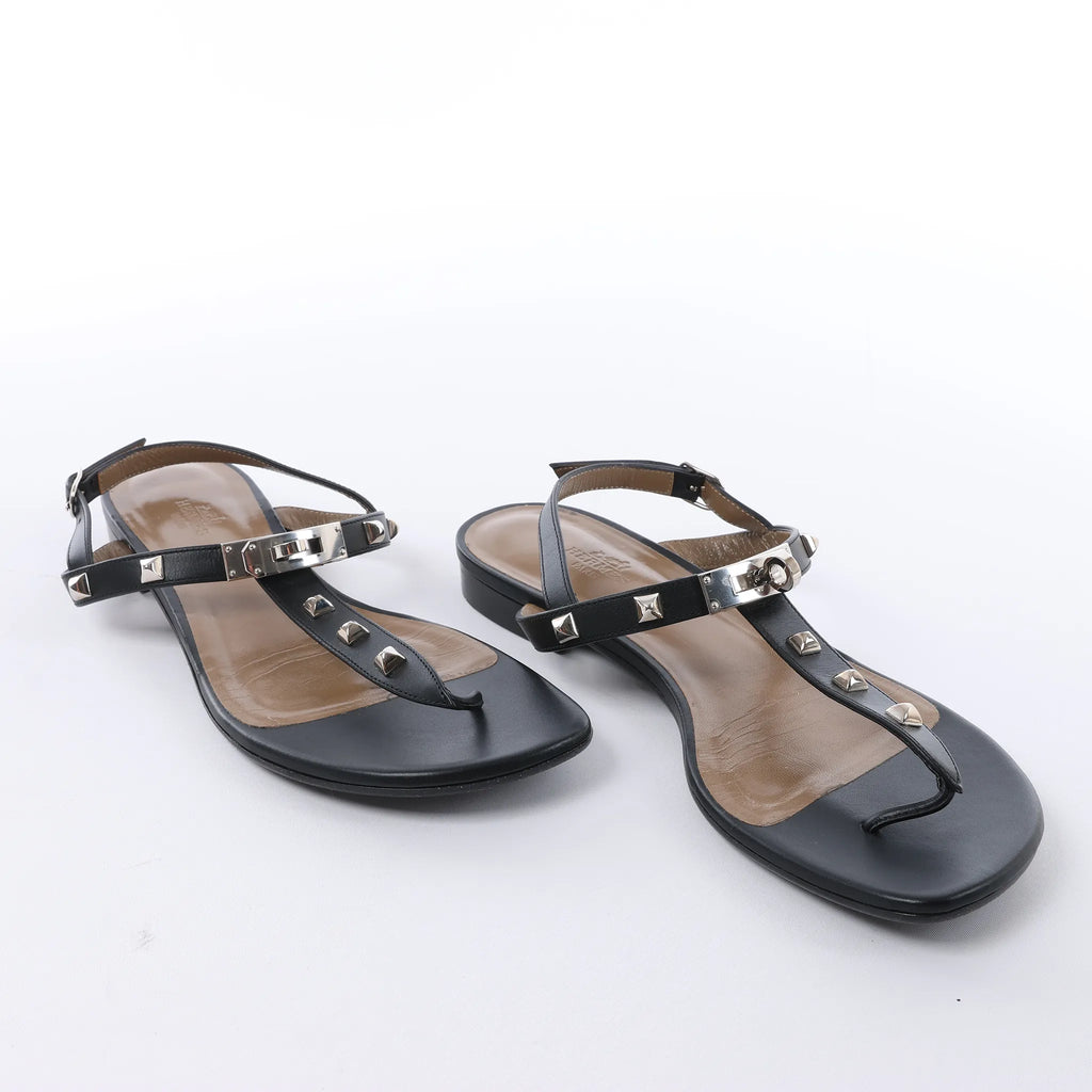 HERMES Olivia Leather Sandals in Black, Size EU 38.5