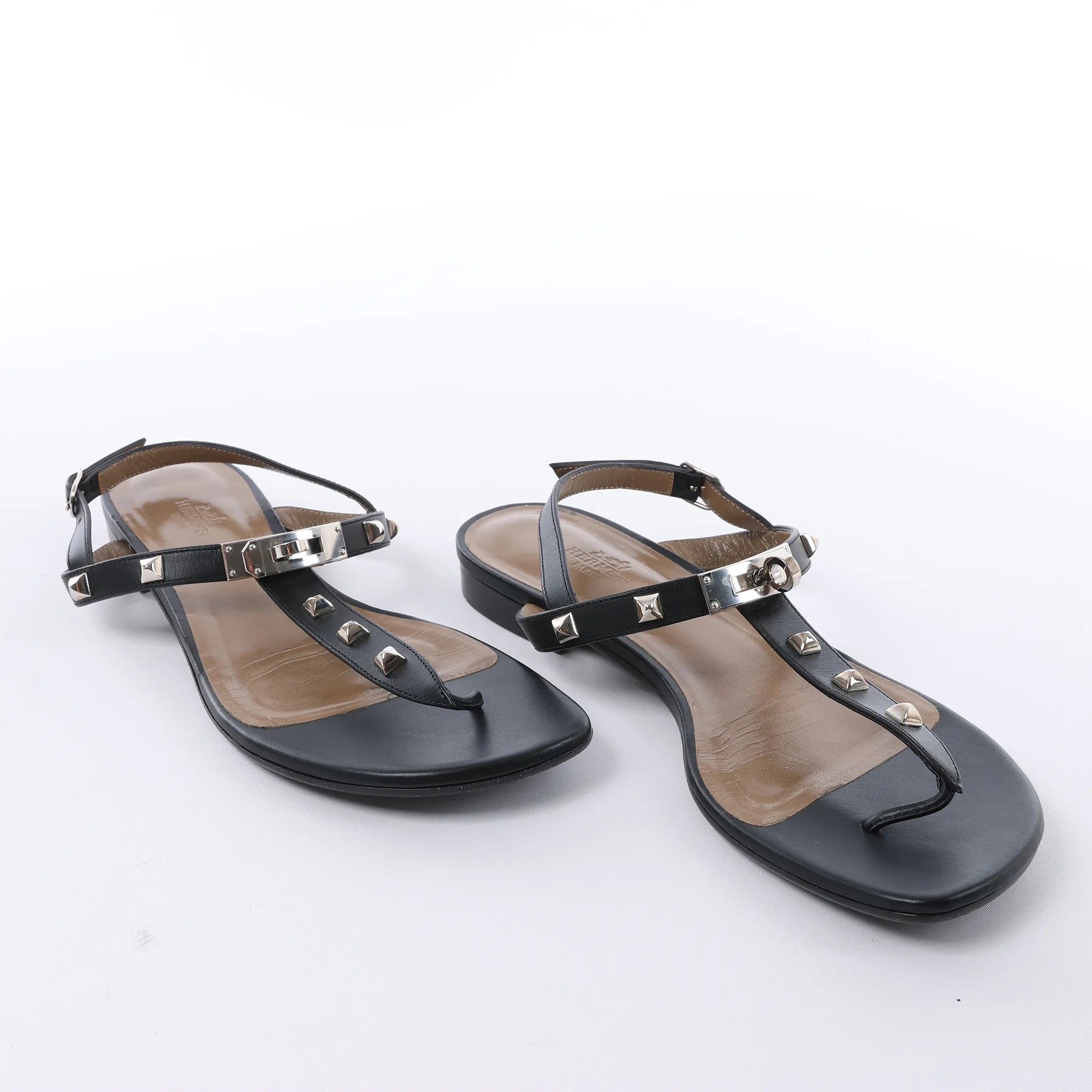 HERMES Olivia Leather Sandals in Black, Size EU 38.5