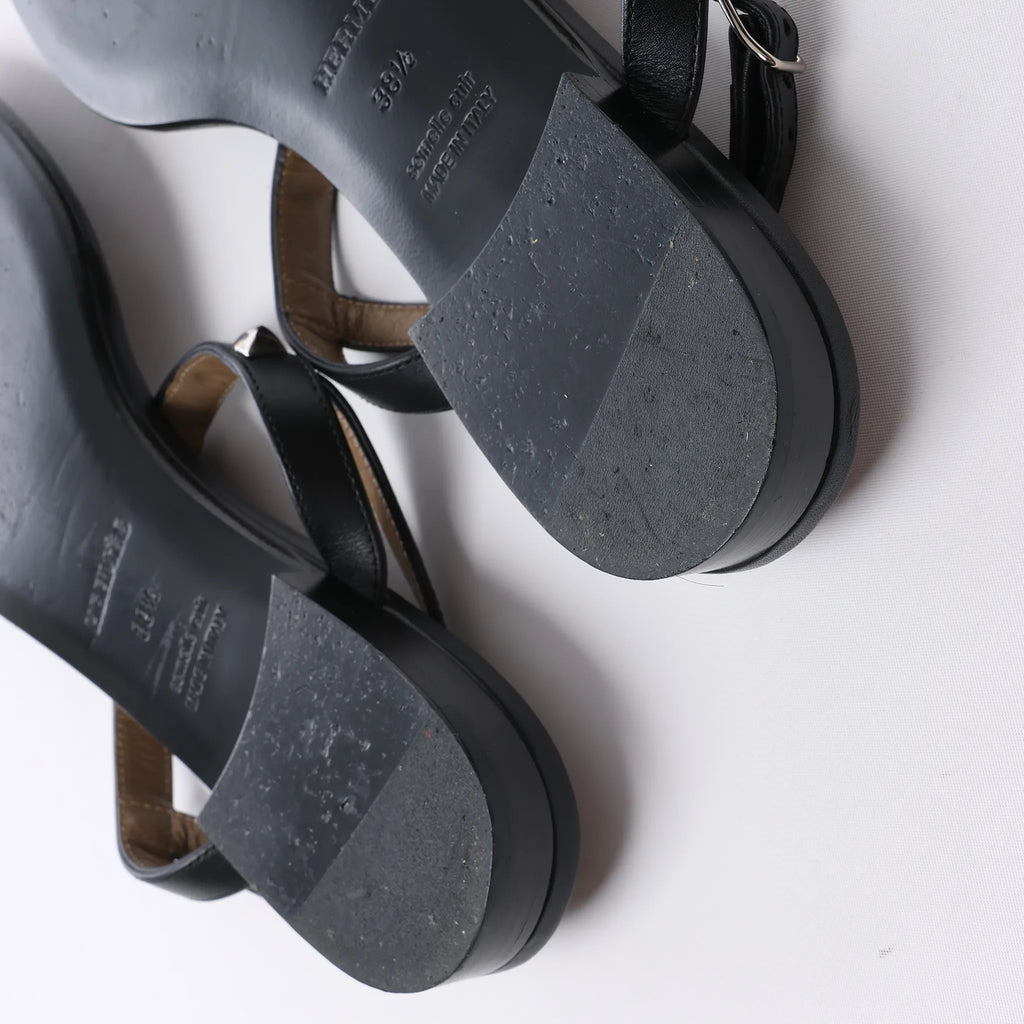 HERMES Olivia Leather Sandals in Black, Size EU 38.5