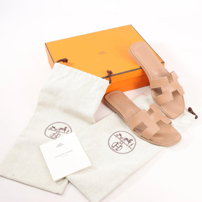 HERMES Oran Leather Sandals in Beige, Size 36.5 EU