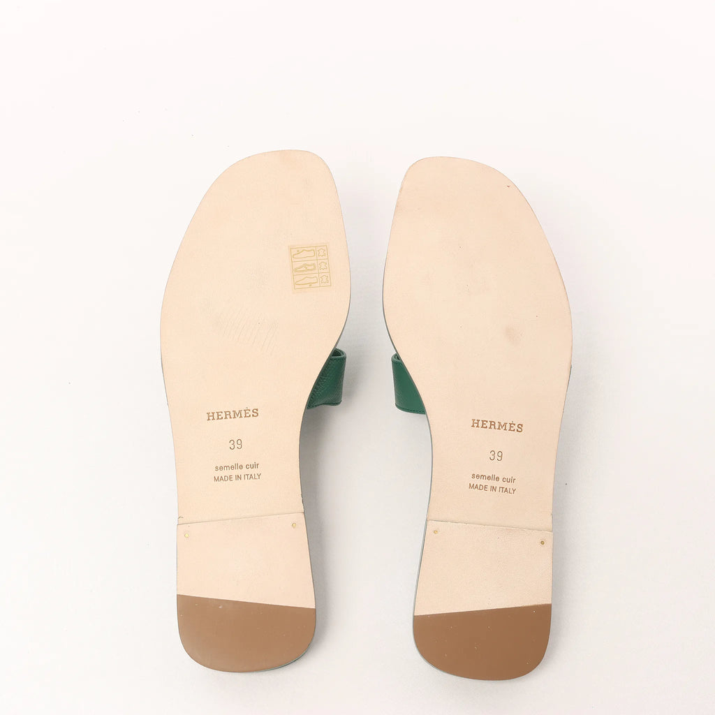 HERMES Oran Epsom Leather Sandals in Vert Cactus Green, Size 39 EU