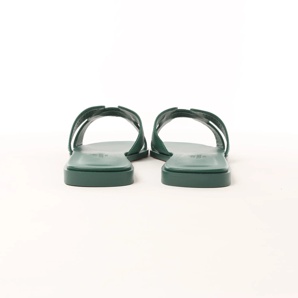 HERMES Oran Epsom Leather Sandals in Vert Cactus Green, Size 39 EU