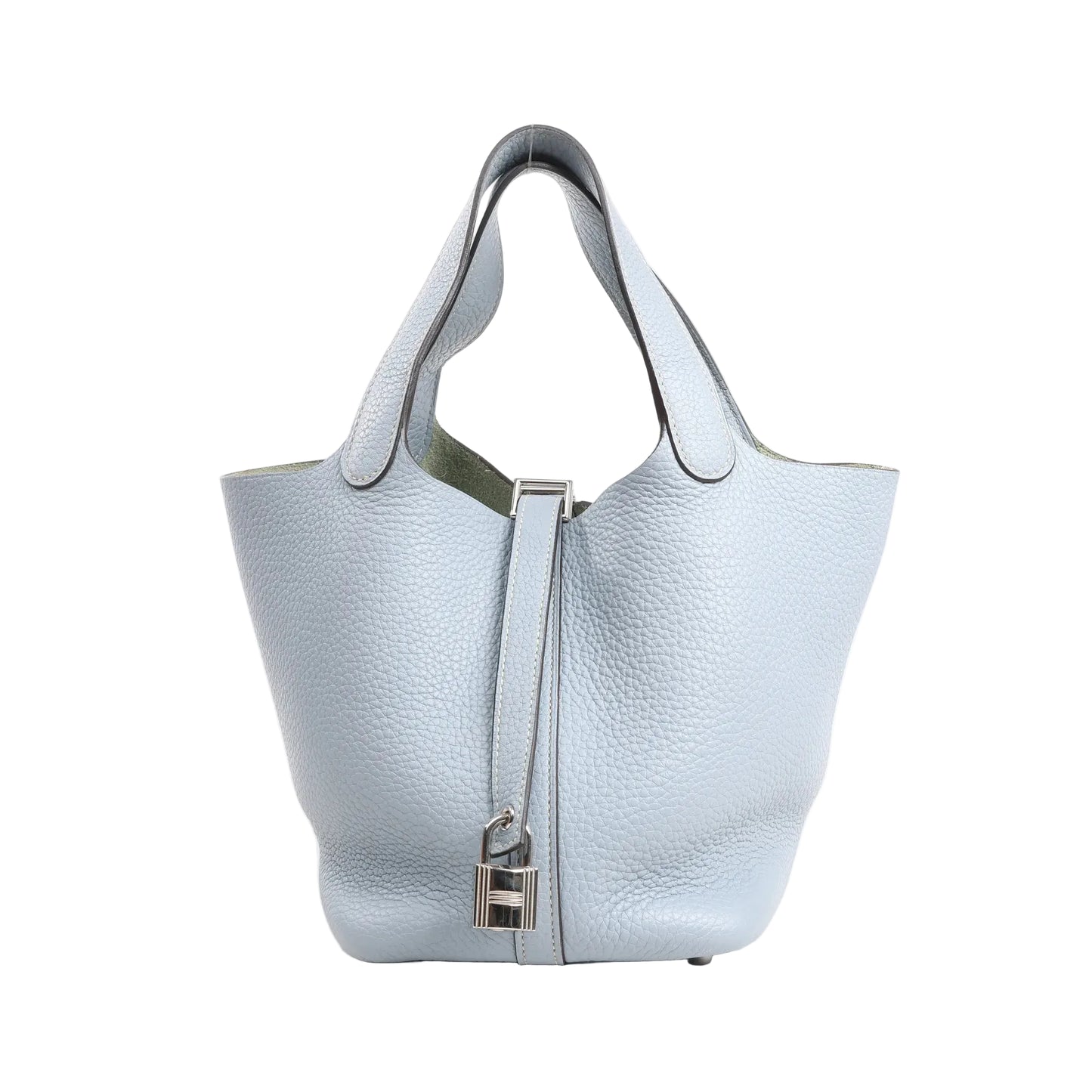 Hermes Picotin Lock 18 PM handbag in soft blue Taurillon Clemence leather, featuring a bucket-style silhouette, top handles, and silver-tone padlock closure.