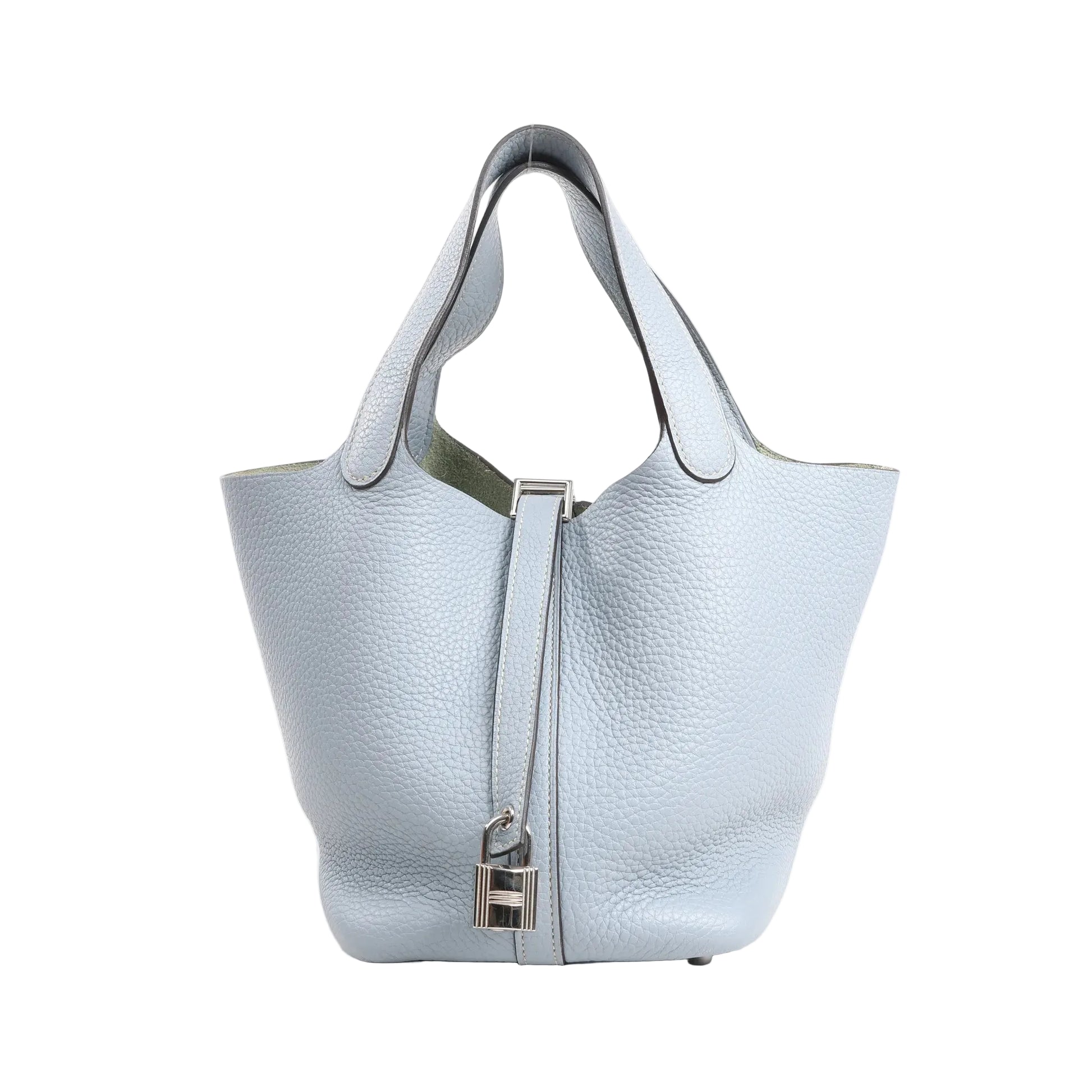Hermes Picotin Lock 18 PM handbag in soft blue Taurillon Clemence leather, featuring a bucket-style silhouette, top handles, and silver-tone padlock closure.