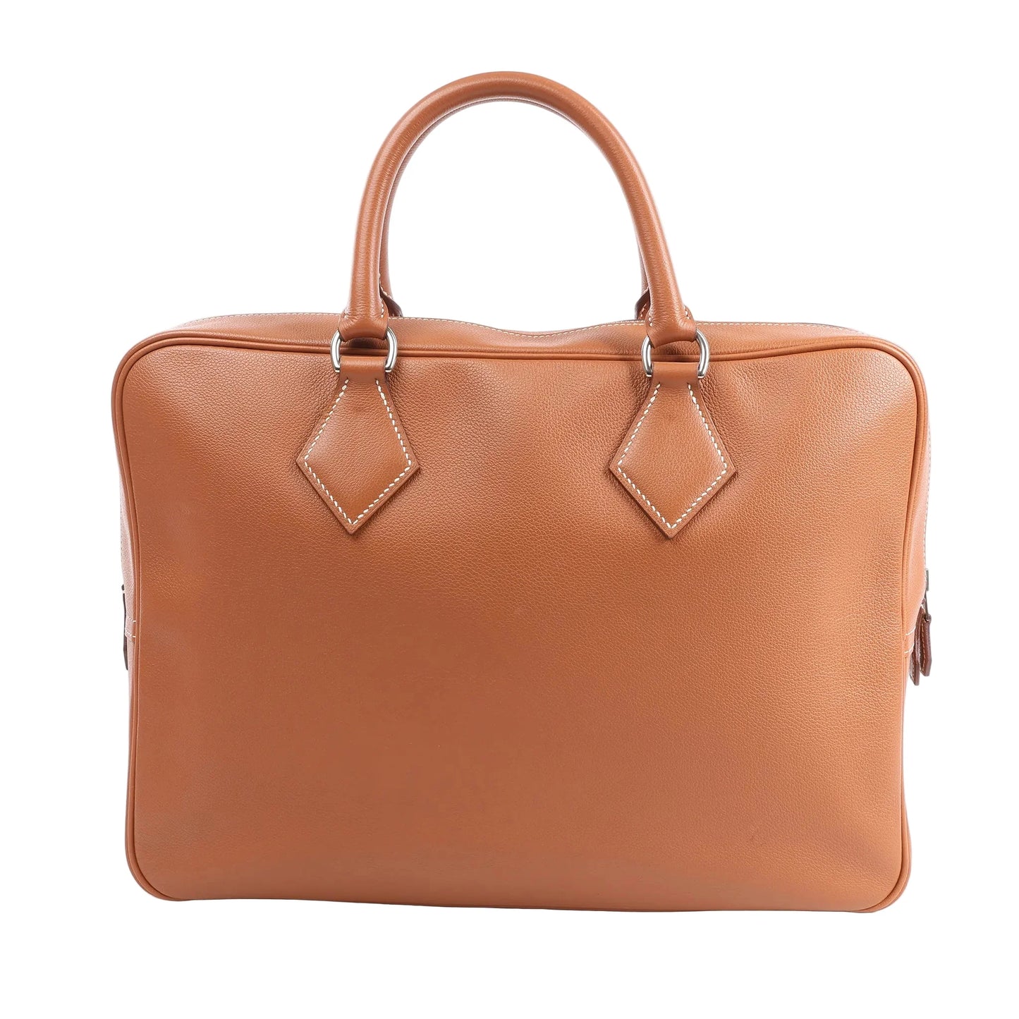 HERMÈS Plume 40 handbag in gold Evercolor leather with double top handles, white contrast stitching, and silver-tone hardware, shown upright against a white background.