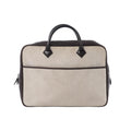 Hermès Plume Dog 38 bag in beige Toile H canvas with dark brown leather trim and top handles, zip-top design on white background.