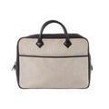 Hermès Plume Dog 38 bag in beige Toile H canvas with dark brown leather trim and top handles, zip-top design on white background.