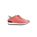 Hermès Quick pink suede and leather lace-up sneaker with white heel tab and black-and-white rubber sole, side view on white background