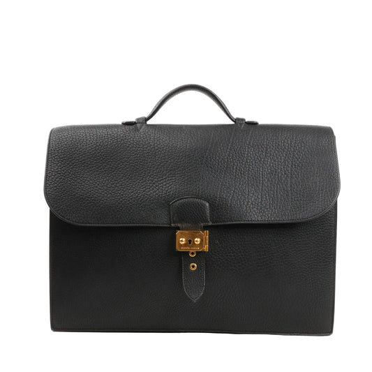 Hermès Sac à Dépêches 38 handbag in black Ardennes leather, featuring a structured rectangular shape, single top handle, flap closure with gold-plated push-lock, and fine grained texture.