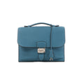 Blue Hermès Sac à Dépêches 27 pebbled leather bag with single top handle, front flap, hanging clochette and silver-tone clasp hardware.