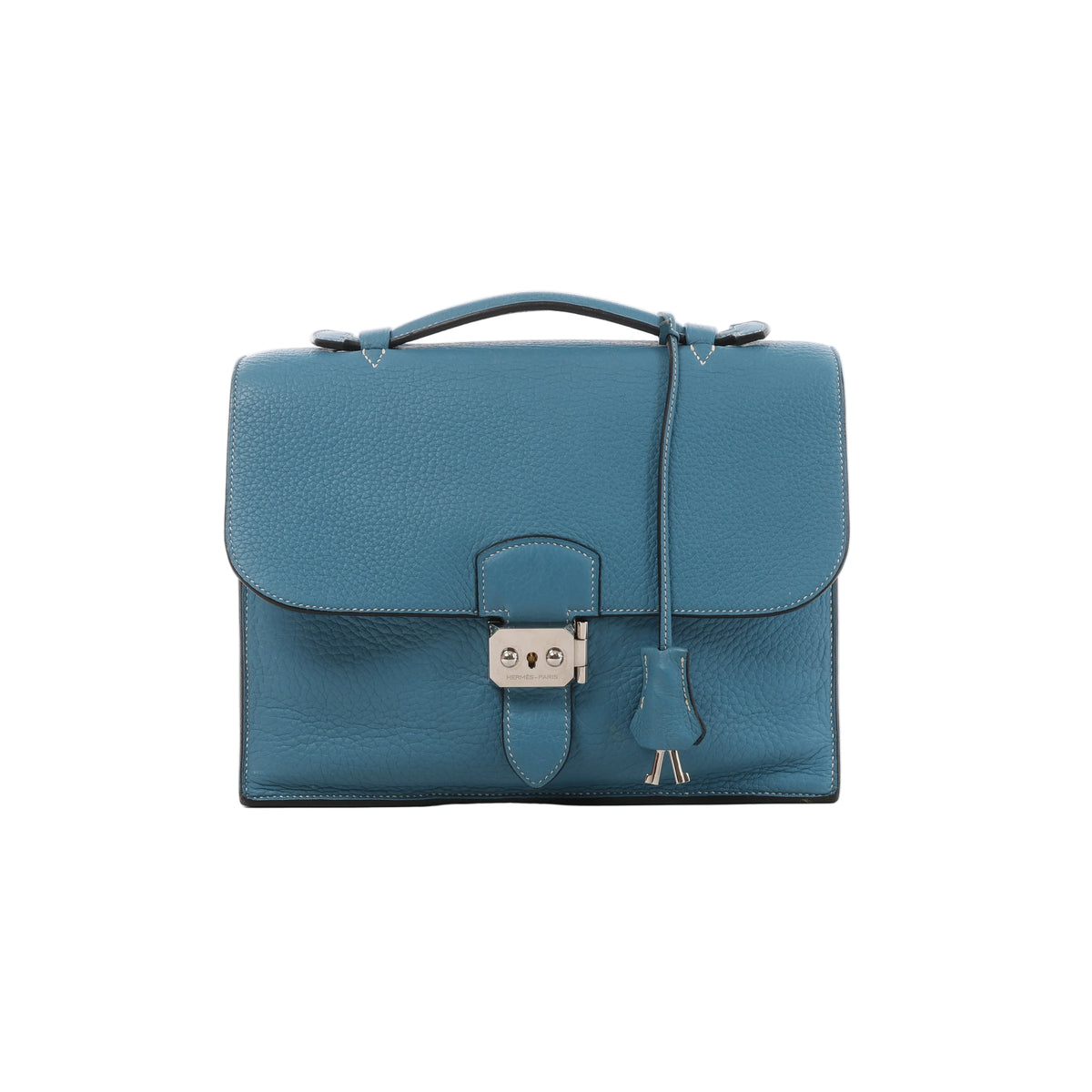 Blue Hermès Sac à Dépêches 27 pebbled leather bag with single top handle, front flap, hanging clochette and silver-tone clasp hardware.