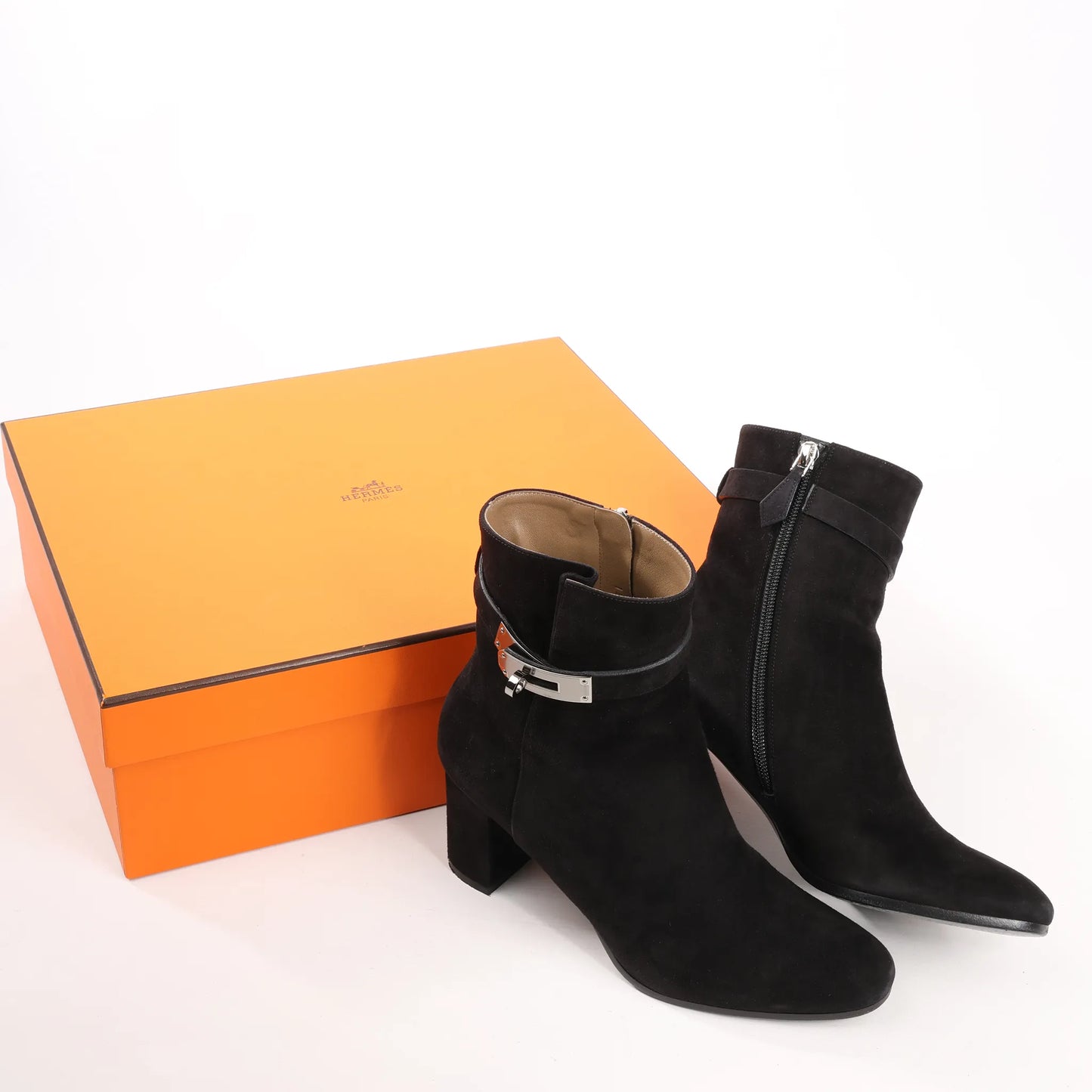 Hermes Saint Germain Kelly Metal Fittings Suede Ankle Boots in Black, Size 37 EU