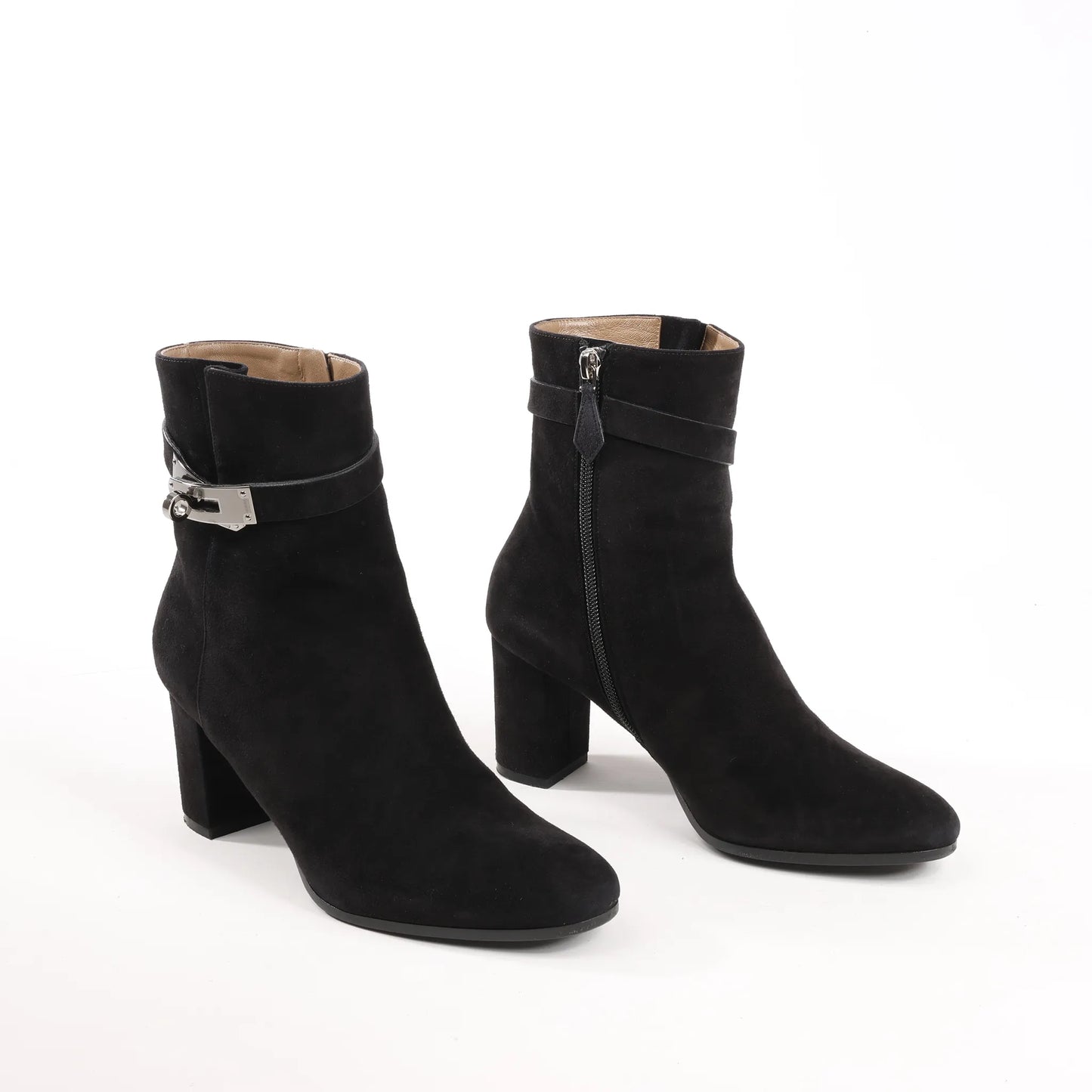 Hermes Saint Germain Kelly Metal Fittings Suede Ankle Boots in Black, Size 37 EU