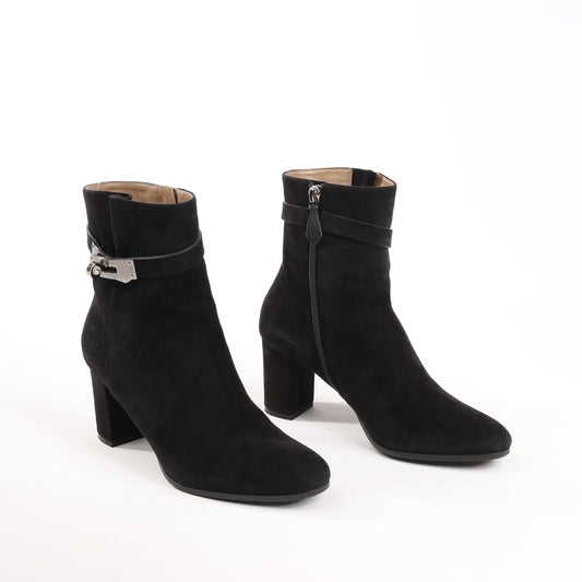 Hermes Saint Germain Kelly Metal Fittings Suede Ankle Boots in Black, Size 37 EU