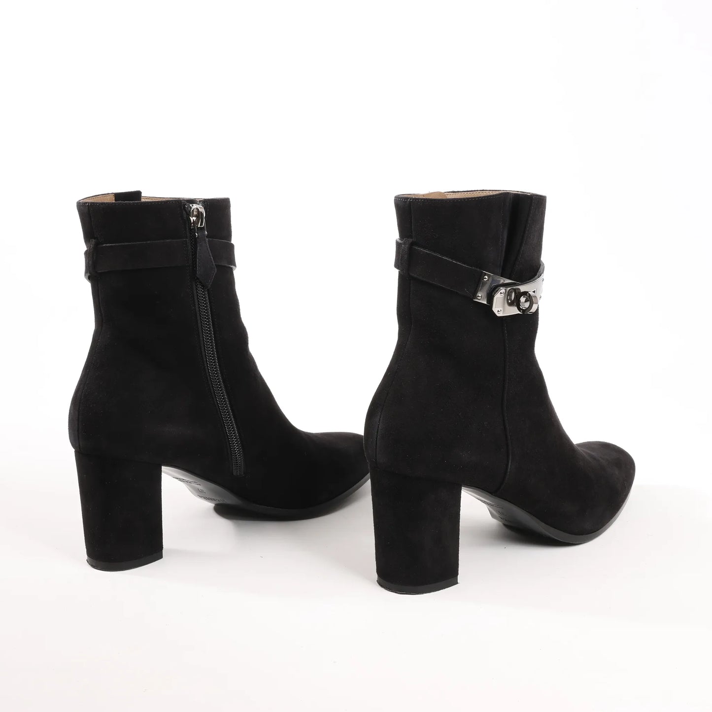 Hermes Saint Germain Kelly Metal Fittings Suede Ankle Boots in Black, Size 37 EU