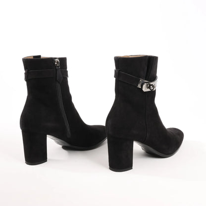 Hermes Saint Germain Kelly Metal Fittings Suede Ankle Boots in Black, Size 37 EU