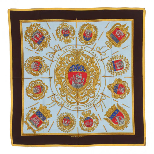 Hermès Carré 90 "Les Armes de Paris" Foulard 100% Soie en Marron et Bleu