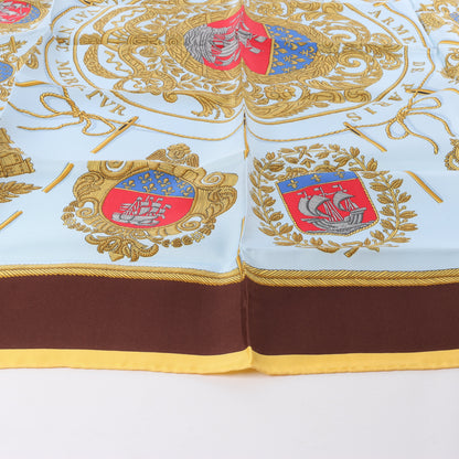 Hermès Carré 90 "Les Armes de Paris" 100% Silk Scarf in Brown and Blue