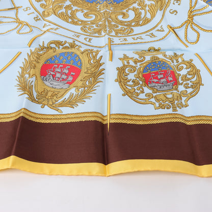 Hermès Carré 90 "Les Armes de Paris" 100% Silk Scarf in Brown and Blue